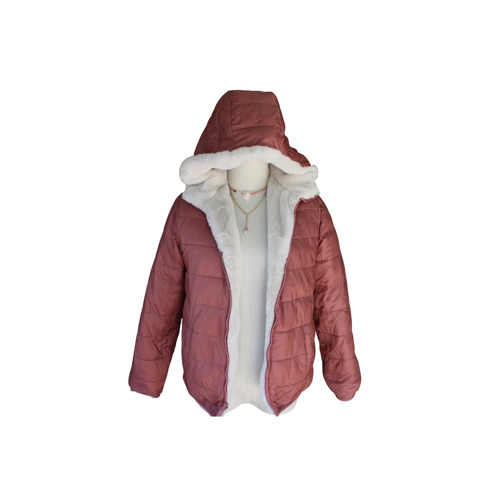Abercrombie Kids Reversible Puffer Jacket Pink Faux Fur Hooded Coat Size 13/14
